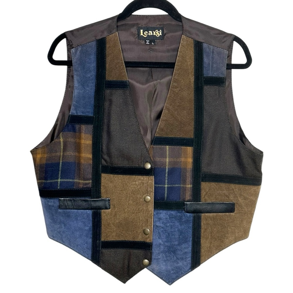 Vintage Learsi Vest Mens Western Suede Leather Button Plaid 90s Snap Casual Lrg